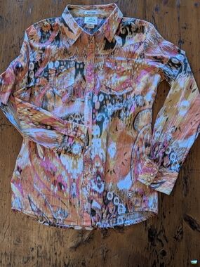 Ariat Light Weight Orange Pink and Teal Ikat Summer Western Pearl Snap Shirt